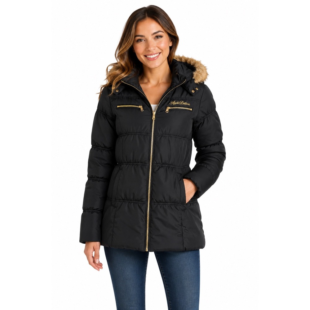 Apple Bottoms Black Puffer Jacket Faux Fur Hooded Parka Womens Size Medium Y2K